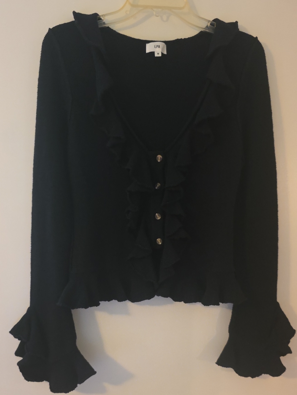 NWOT LPA Cotton Silk Black Ruffle-Front Button Cardigan Bell Sleeves Fairygoth